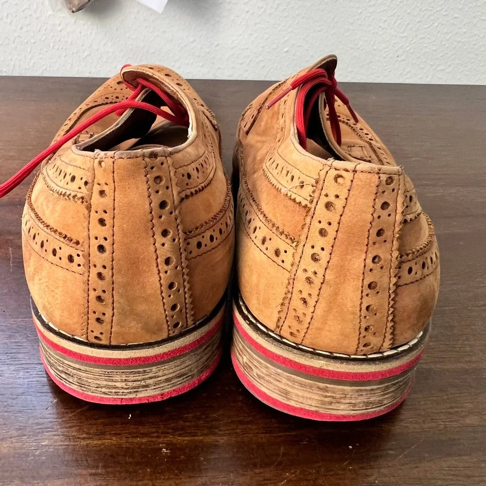 J.D. Fisk Mens Size 11 Oxfords Tan Leather Wingtip Brogue Red Laces Academia